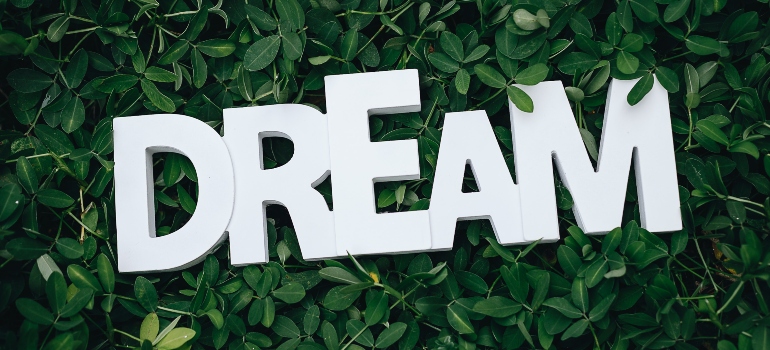text on green leaves spelling "dream"