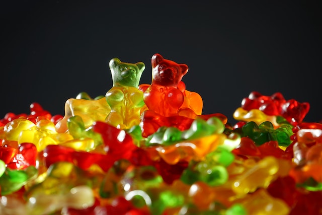 Pile of colorful gummy bears before preparing gummy bear shots